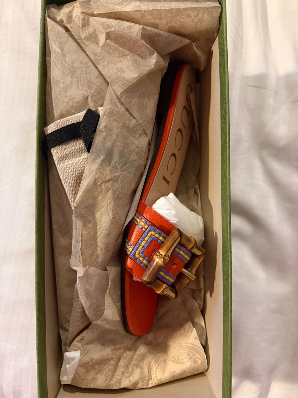 Gucci Orange Leather Slide with Multicolor Beaded Buckle